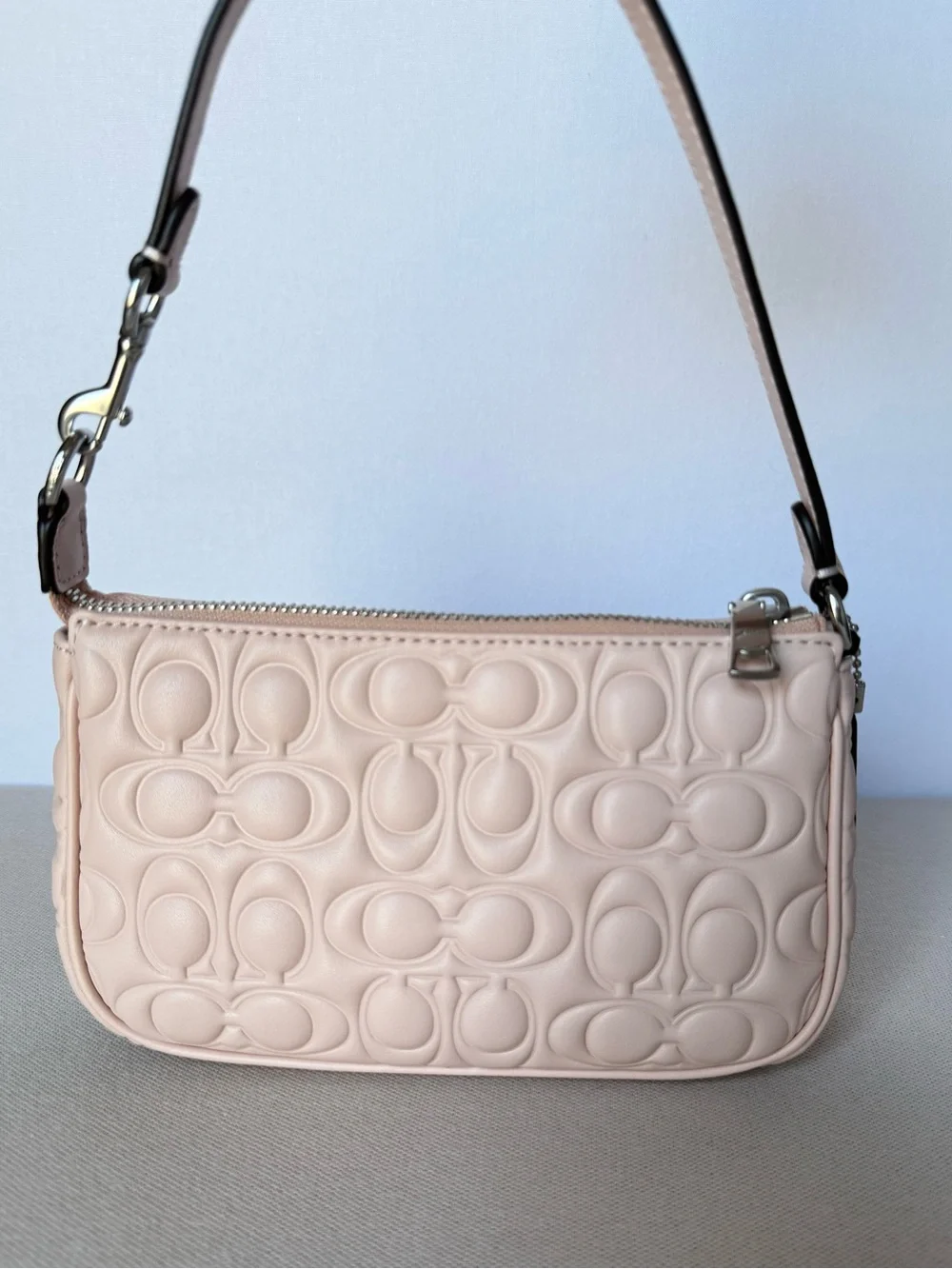 NWT Coach Nolita 19 In Signature Leather Small Bag Silver/Blush pink CZ456